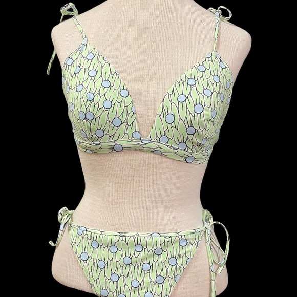 & Other Stories NWT Floral Patterned Green Side Tie Two Piece Bikini Size 8 - Picture 3 of 12